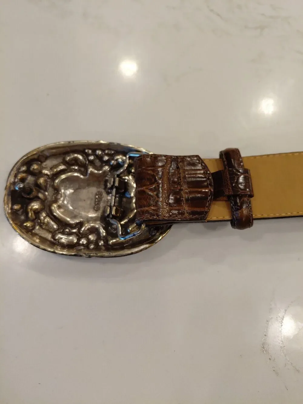 Brighton Ornate Silver Tone Belt Buckle with Brown Leather Belt